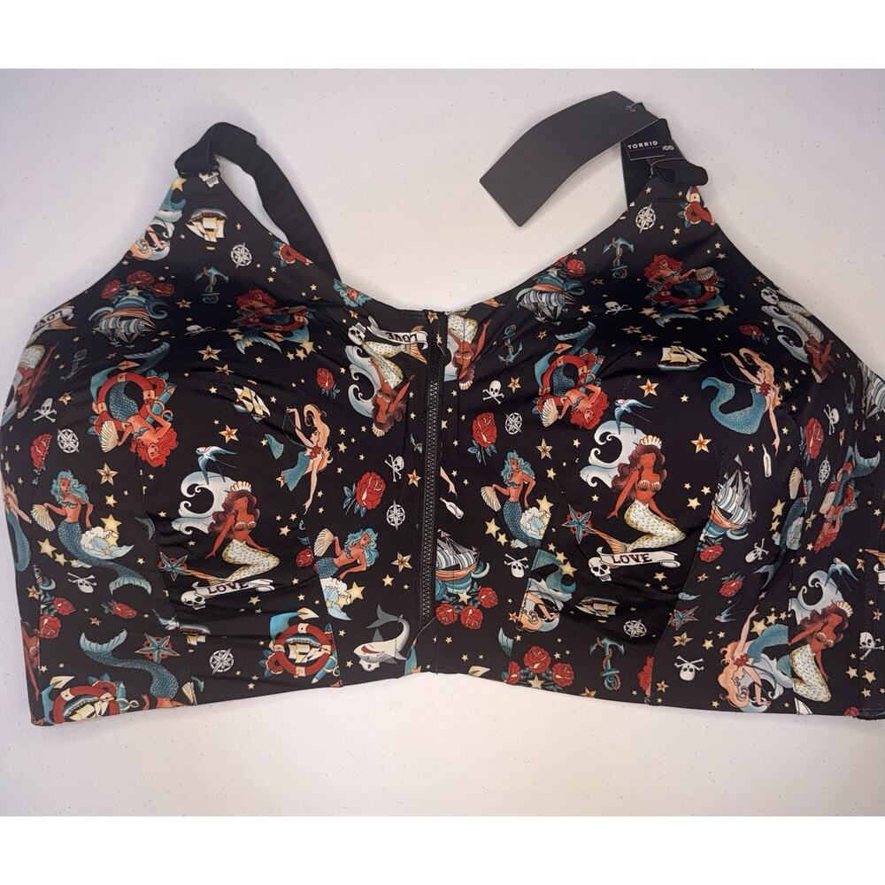 48DDD TORRID Wire Free Push-Up Bra Black Tatoo Siren Print